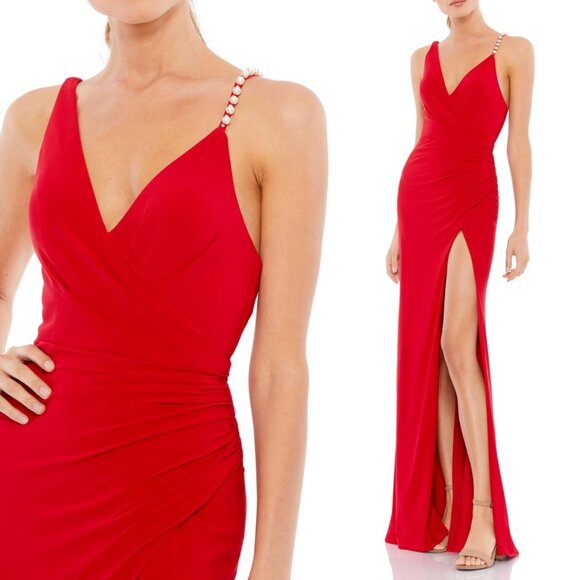 NEW Mac Duggal 26532 Size 10 Red V-Neck Ruched Pearl Strap Long Maxi Gown Dress - Picture 1 of 4
